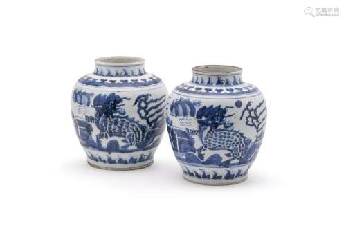 A PAIR OF CHINESE BLUE AND WHITE KYLIN JARS IN 17TH CENTURY ...