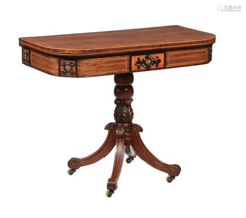 Y A GEORGE IV MAHOGANY, ROSEWOOD BANDED AND EBONISED CARD TA...