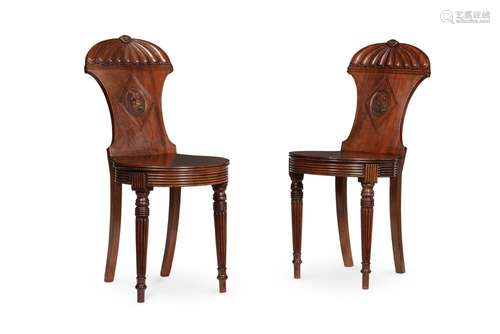 A PAIR OF REGENCY MAHOGANY HALL CHAIRS