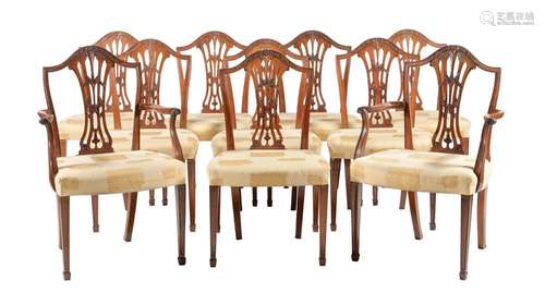 A SET OF TEN MAHOGANY AND UPHOLSTERED DINING CHAIRS IN GEORG...