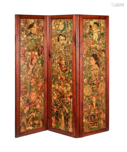 A VICTORIAN WALNUT FRAMED THREE FOLD SCREEN