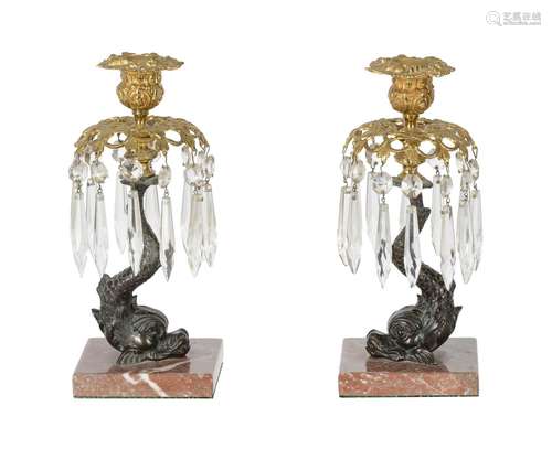 A PAIR OF REGENCY BRONZE AND GILT METAL TABLE LUSTRES