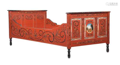A RED AND POLYCHROME PAINTED SINGLE BED