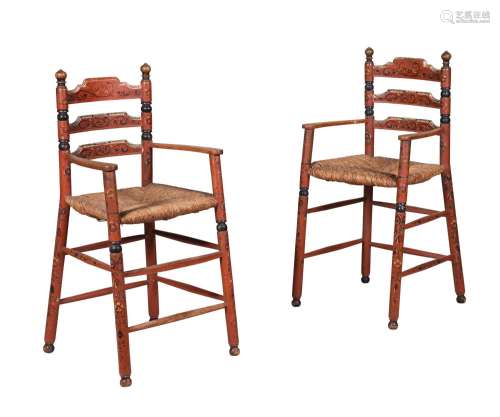 A PAIR OF SCANDINAVIAN RED AND POLYCHROME PAINTED SIDE CHAIR...