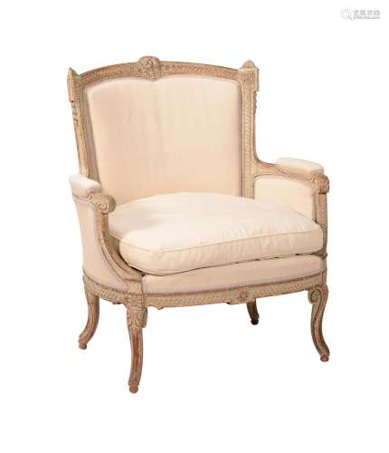 A FRENCH GREY PAINTED CARVED BEECH AND UPHOLSTERED ARMCHAIR ...