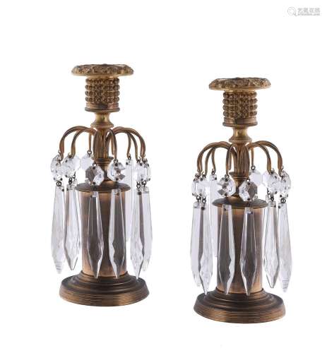 A PAIR OF REGENCY GILT BRASS AND GLASS HUNG LUSTRE CANDLESTI...