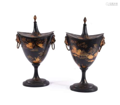 A PAIR OF CHINOISERIE DECORATED PAINTED TINWARE CHESTNUT URN...