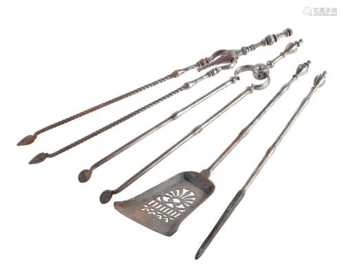 A SET OF THREE EARLY VICTORIAN STEEL FIRE TOOLS