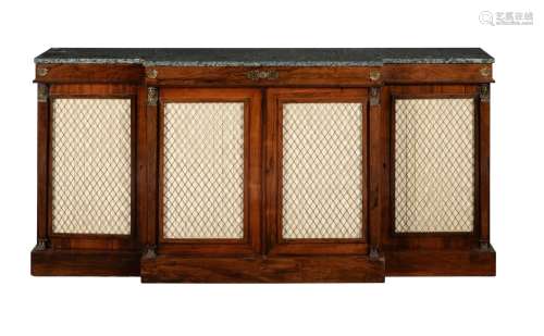 Y A ROSEWOOD AND MARBLE TOPPED BREAKFRONT SIDE CABINET