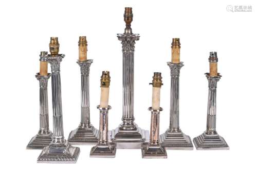 THREE PAIRS OF SILVER PLATED COLUMNAR TABLE LAMPS