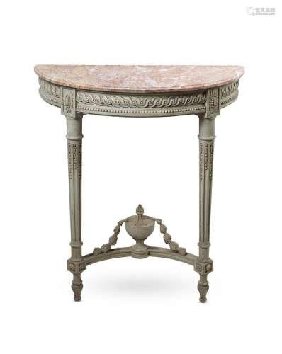 A GREY PAINTED CARVED WOOD AND MARBLE MOUNTED CONSOLE TABLE ...