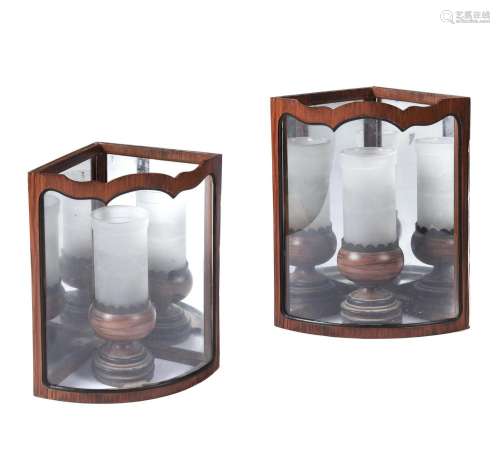 A PAIR OF GLAZED CORNER WALL LIGHTS