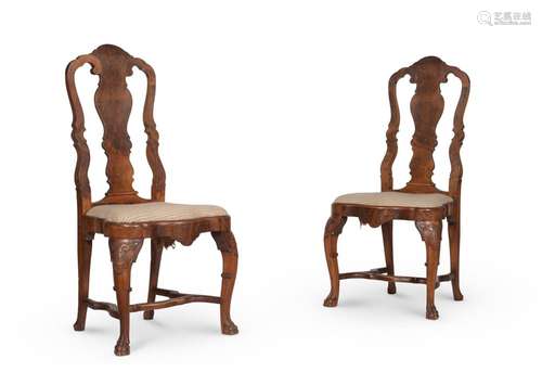 A PAIR OF DUTCH CARVED AND FIGURED WALNUT SIDE CHAIRS IN 18T...