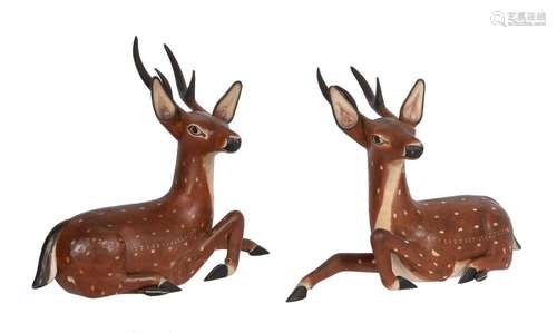 A PAIR OF MODERN INDIAN PAINTED WOOD MODELS OF DEER