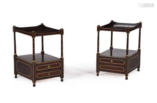 A PAIR OF SIMULATED ROSEWOOD AND PARCEL GILT TWO-TIER ETAGER...