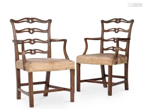 A PAIR OF GEORGE III MAHOGANY LADDER BACK ARMCHAIRS