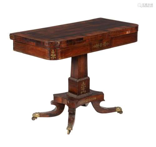 Y A GEORGE IV ROSEWOOD AND BRASS INLAID CARD TABLE