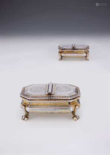 A PAIR OF GEORGE III SILVER GILT TABLE SPICE BOXES