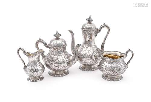 Y A CASED VICTORIAN SILVER FOUR PIECE BALUSTER TEA AND COFFE...