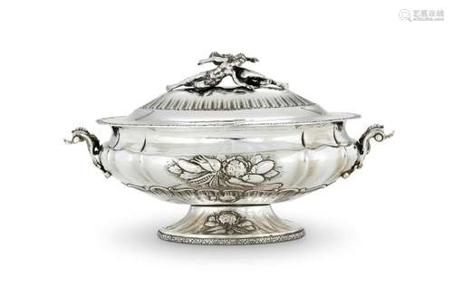 AN ITALIAN SILVER COLOURED LOBED OVAL TUREEN WITH AN ASSOCIA...