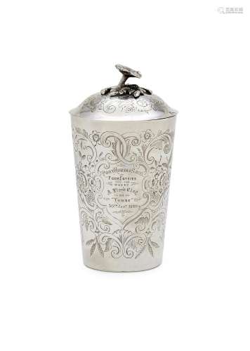 AN INDIAN COLONIAL SILVER BEAKER AND LID