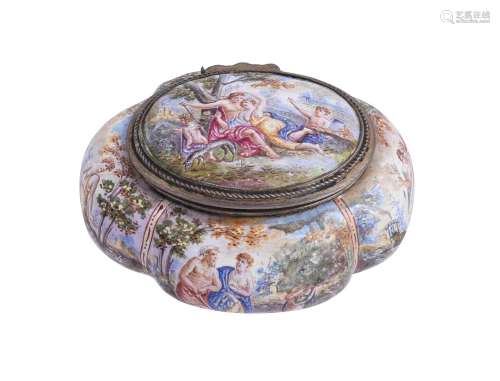 A LIMOGES ENAMEL AND SILVER MOUNTED QUATREFOIL SECTION BOX A...