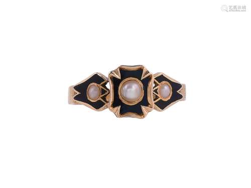 A VICTORIAN HALF PEARL AND BLACK ENAMEL MOURNING RING LONDON...