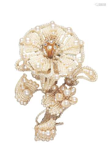 Y A MID VICTORIAN PEARL AND SEED PEARL EN TREMBLANT BROOCH C...
