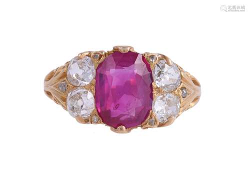 A VICTORIAN DIAMOND AND RUBY SEVEN STONE RING, BURMA, NO HEA...