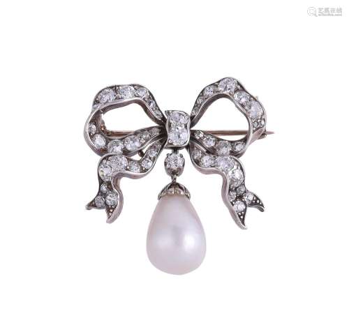 A VICTORIAN DIAMOND BOW BROOCH WITH ASSOCIATED NATURAL PEARL...