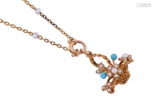 AN EDWARDIAN PEARL AND TURQUOISE GIARDINETTO PENDANT ON CHAI...