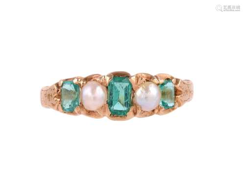 A VICTORIAN EMERALD, HALF PEARL AND CULTURED PEARL RING CIRC...
