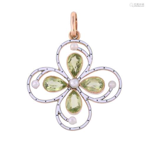 AN EDWARDIAN PERIDOT, SEED PEARL AND ENAMEL PENDANT, CIRCA 1...