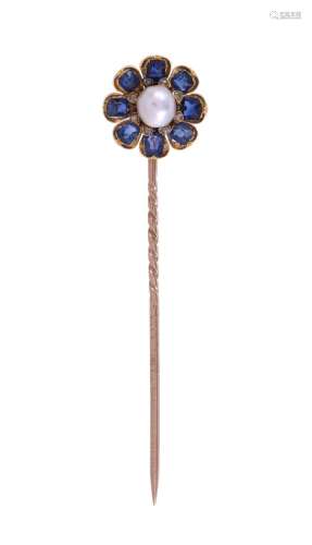 AN ANTIQUE AND LATER SAPPHIRE, PEARL AND DIAMOND FLOWER HEAD...