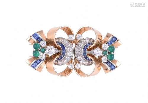 A FRENCH 1940S DIAMOND, SAPPHIRE AND CHRYSOPRASE DOUBLE CLIP...