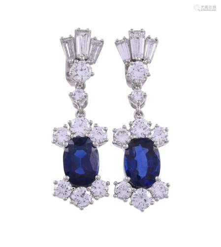 A PAIR OF SAPPHIRE AND DIAMOND EAR PENDANTS