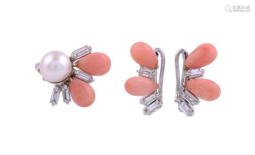 Y A CORAL, DIAMOND AND CULTURED PEARL RING AND EAR CLIP SUIT...