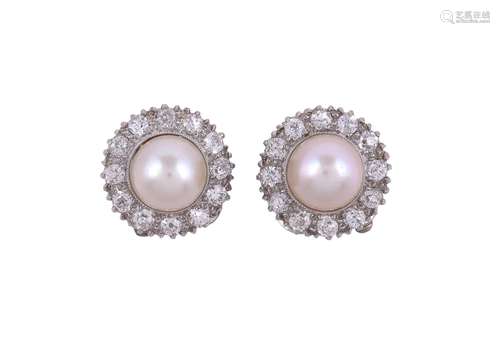 A PAIR OF CULTURED PEARL AND DIAMOND EAR CLIPS