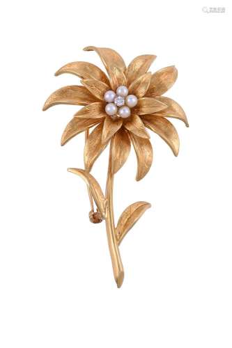 TIFFANY & CO., A DIAMOND AND CULTURED PEARL FLOWER BROOC...