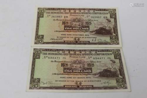 Two Hongkong 1972 Five Dollars