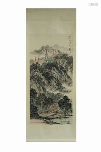 Chinese Ink Color Landscape Painting w Calligraphy