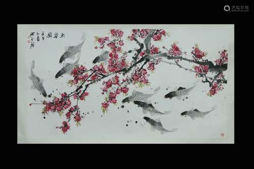 Chinese Ink Color Scroll Painting w Calligraphy