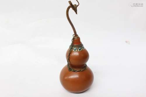Chinese Gourd Vase w Brass Mounted