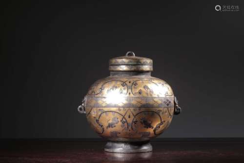 Chinese Bronze Lid Jar w Silver&Gold Inlaid
