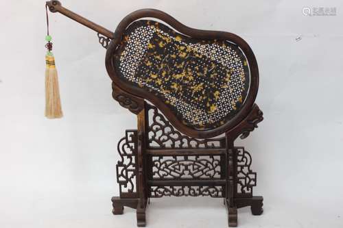 Chinese Wood Table Screen w Tortoiseshell