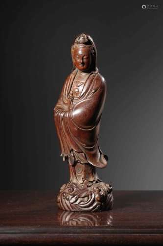 Chinese Huanghuali Wood Carved Guanyin Statue