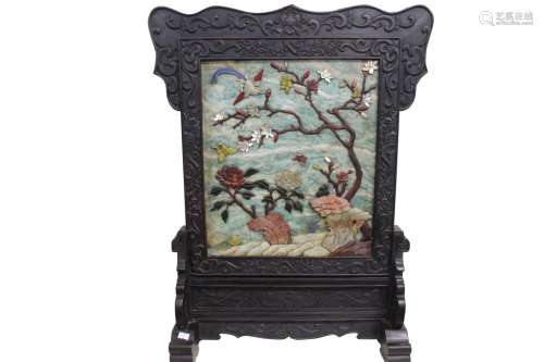 Large Chinese Wood Table Screen w Marble Inlaid