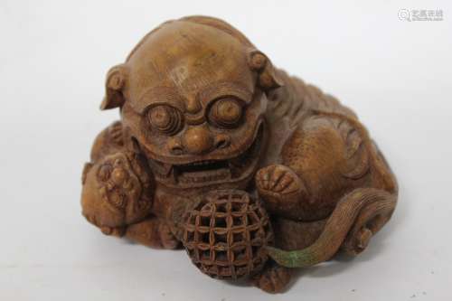 Chinese Bamboo Carved Lion Playing Ball