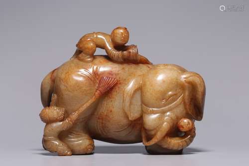 Chinese Hetian Jade Carved Elephant and Boy