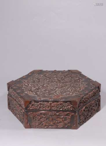 Chinese Zitan Wood Carved Box w Huangyang Wood Inl